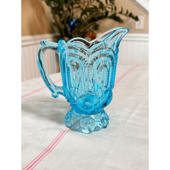 Vintage L.E. Smith Glass Blue Crystal Glass Moon and Stars Creamer Pitcher - Picture 5 of 6